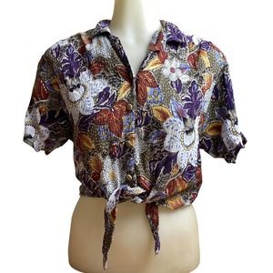 Vintage 90s Floral Crop Button Down Tie Front Top